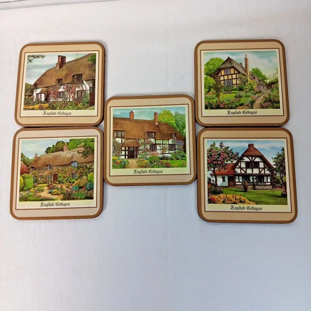 5 Pimpernel English Cottages Scenic Wood Coasters Cork Backs Made in England